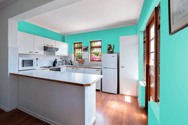 Pretty Photo frame on Glossy Blue-green color kitchen interior wall color