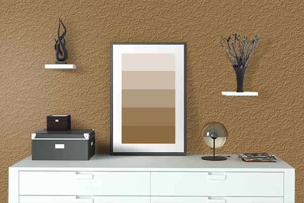 Pretty Photo frame on Amber Brown color drawing room interior textured wall