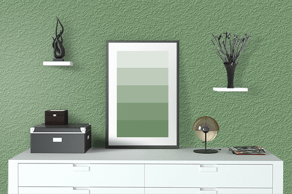 Pretty Photo frame on Blackthorn Green color drawing room interior textured wall