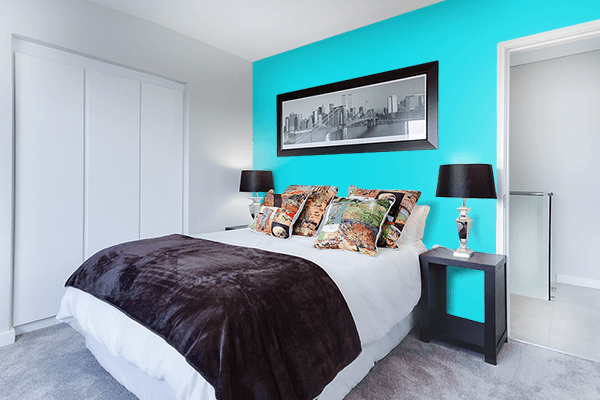 Pretty Photo frame on Glossy Cyan color Bedroom interior wall color