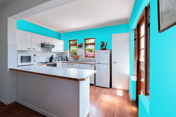 Pretty Photo frame on Glossy Cyan color kitchen interior wall color