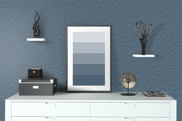 Pretty Photo frame on Aegean Blue color drawing room interior textured wall
