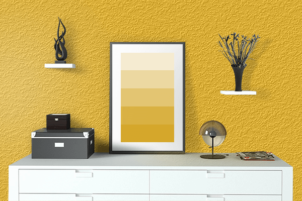 Pretty Photo frame on Turmeric color drawing room interior textured wall