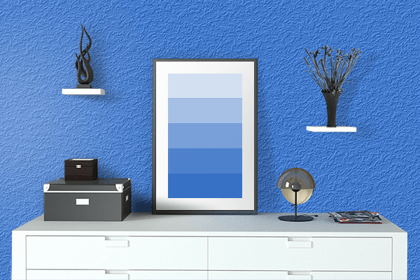 Pretty Photo frame on Tech Blue color drawing room interior textured wall