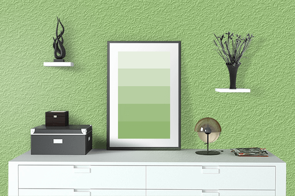Pretty Photo frame on Crystal Green color drawing room interior textured wall