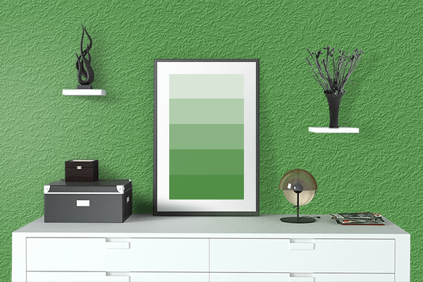 Pretty Photo frame on Classic Green color drawing room interior textured wall