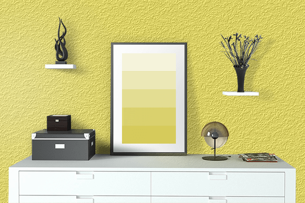 Pretty Photo frame on Glossy Yellow color drawing room interior textured wall
