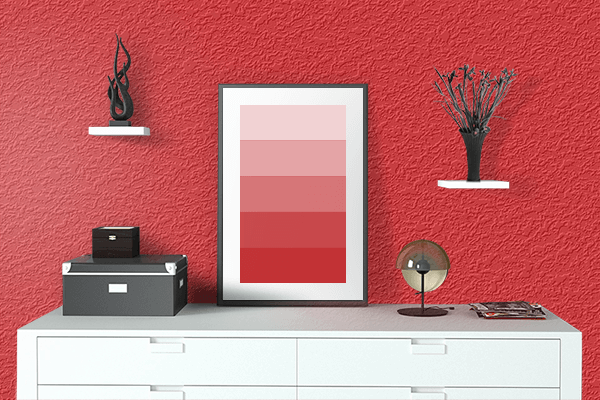 Pretty Photo frame on Torch Red color drawing room interior textured wall
