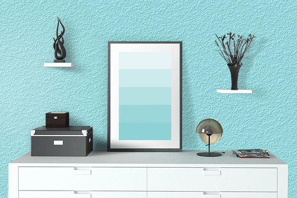 Pretty Photo frame on New Aqua color drawing room interior textured wall