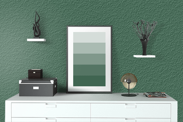 Pretty Photo frame on Black Pine Green color drawing room interior textured wall