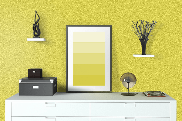 Pretty Photo frame on Cadmium Yellow Lemon color drawing room interior textured wall