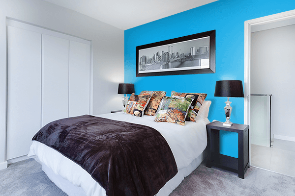 Pretty Photo frame on Dark Sky Blue color Bedroom interior wall color