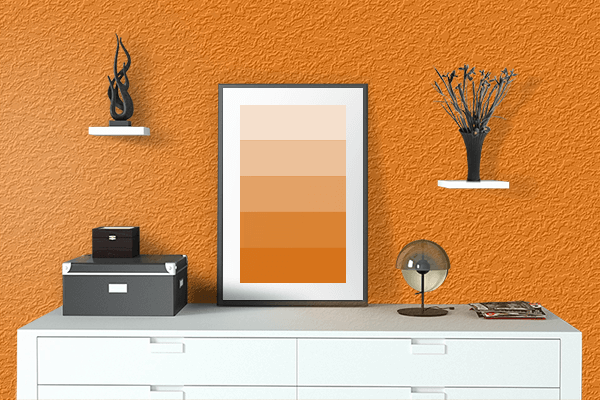 Pretty Photo frame on Orange (Brand) color drawing room interior textured wall