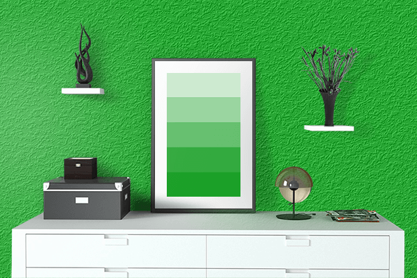 Pretty Photo frame on Luminous Green color drawing room interior textured wall