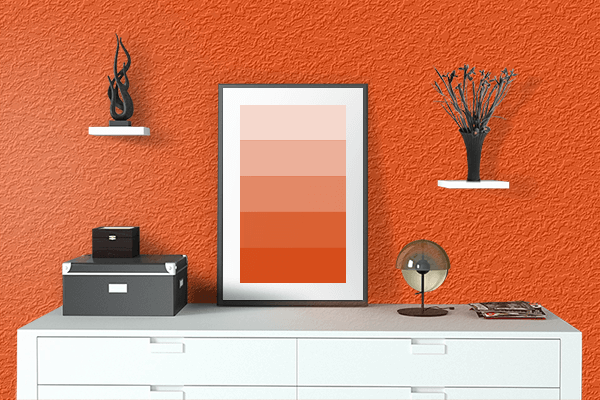 Pretty Photo frame on Orange Red color drawing room interior textured wall