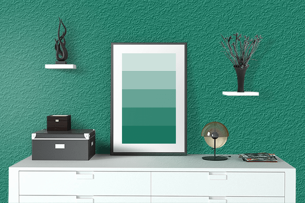 Pretty Photo frame on Pepper Green color drawing room interior textured wall