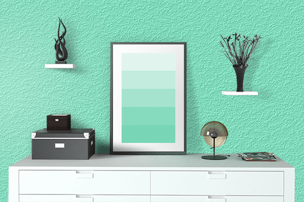 Pretty Photo frame on Aquamarine color drawing room interior textured wall