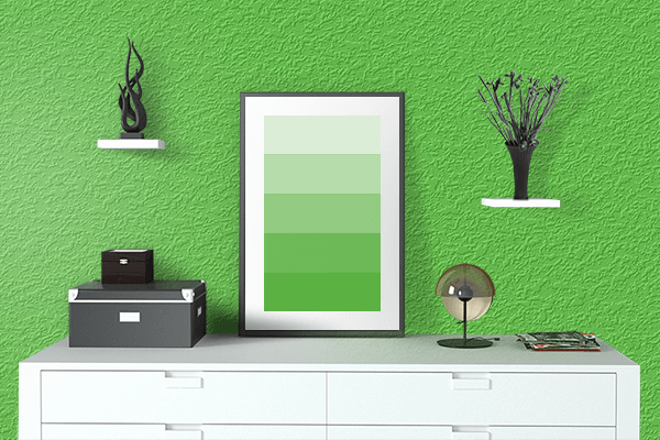 Pretty Photo frame on Vibrant Green color drawing room interior textured wall