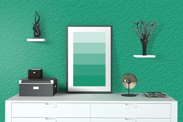 Pretty Photo frame on Green (Munsell) color drawing room interior textured wall
