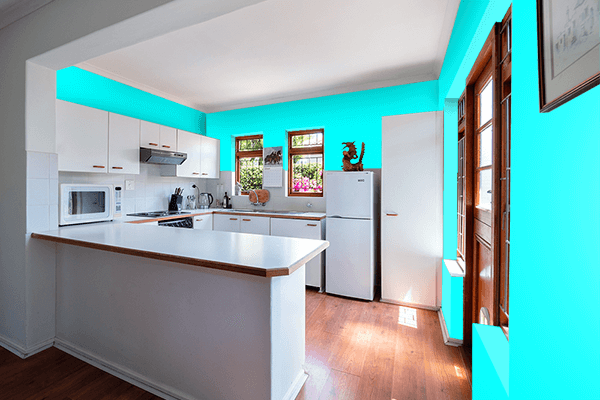 Pretty Photo frame on Cyan color kitchen interior wall color