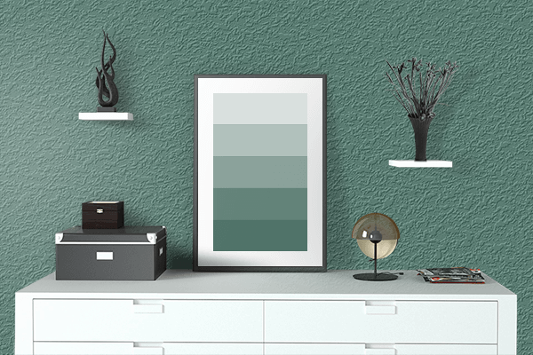 Pretty Photo frame on Hooker’s Green color drawing room interior textured wall