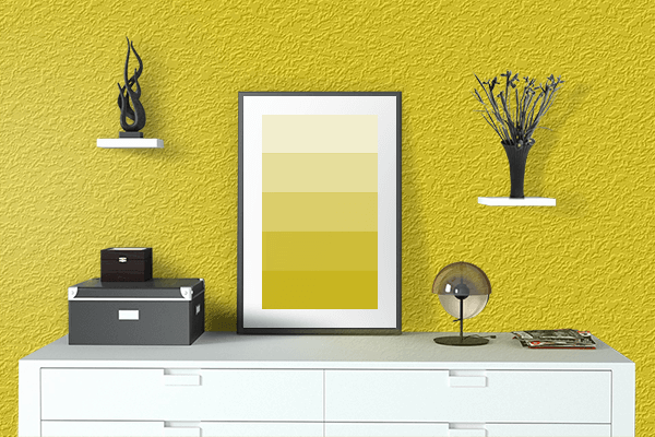 Pretty Photo frame on Classic Yellow color drawing room interior textured wall