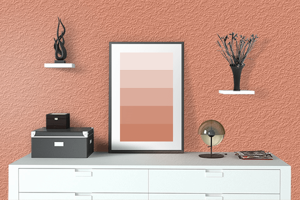 Pretty Photo frame on Sushi Orange color drawing room interior textured wall
