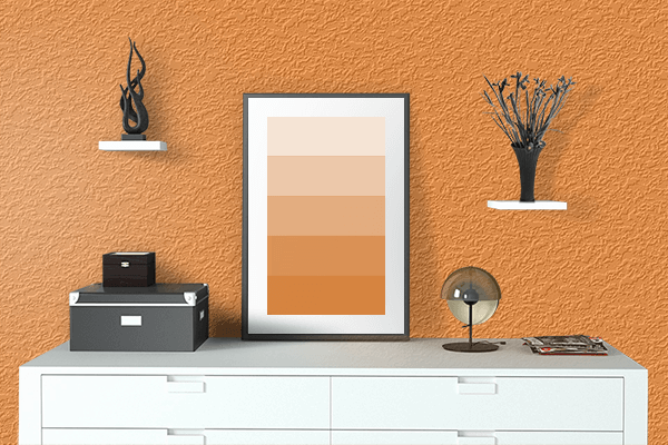 Pretty Photo frame on Rainbow Orange color drawing room interior textured wall