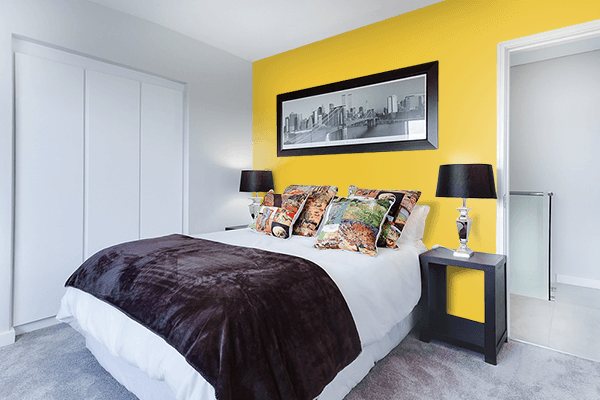 Pretty Photo frame on Fashion Yellow color Bedroom interior wall color