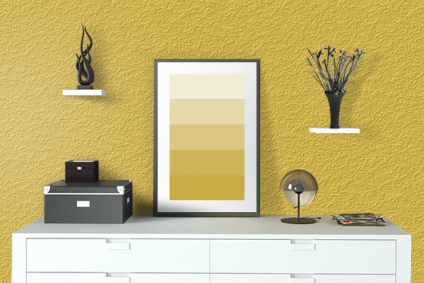 Pretty Photo frame on Fashion Yellow color drawing room interior textured wall