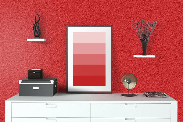 Pretty Photo frame on Rainbow Red color drawing room interior textured wall