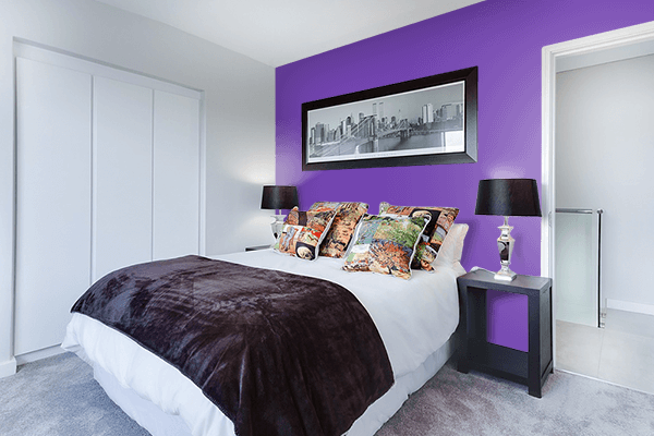 Pretty Photo frame on Trendy Purple color Bedroom interior wall color