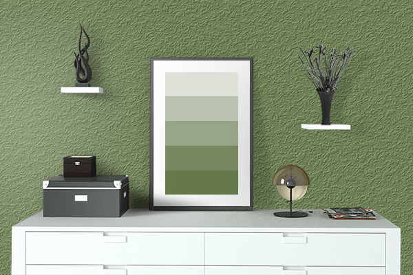 Pretty Photo frame on Lizard Green color drawing room interior textured wall