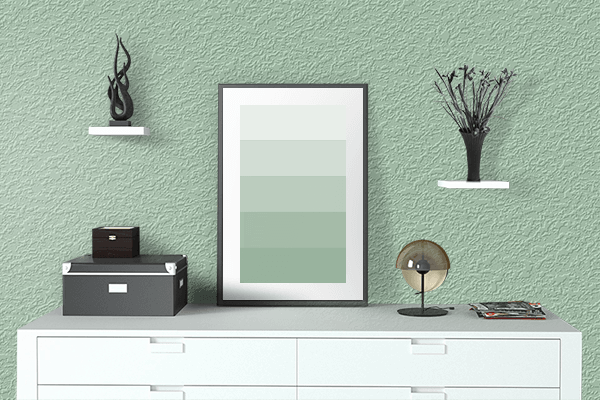 Pretty Photo frame on Pastel Mint Green color drawing room interior textured wall
