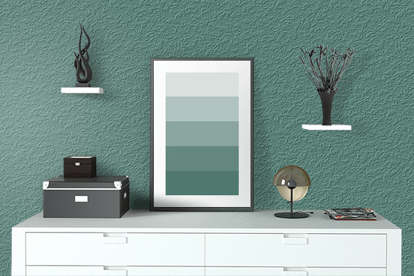 Pretty Photo frame on Azurite Water Green color drawing room interior textured wall