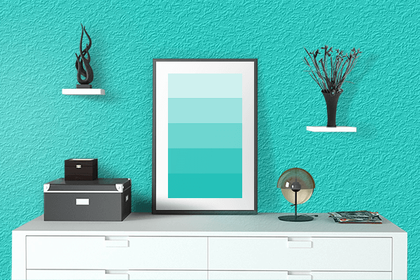 Pretty Photo frame on True Cyan color drawing room interior textured wall