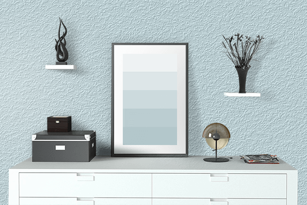 Pretty Photo frame on Chalky Blue White color drawing room interior textured wall