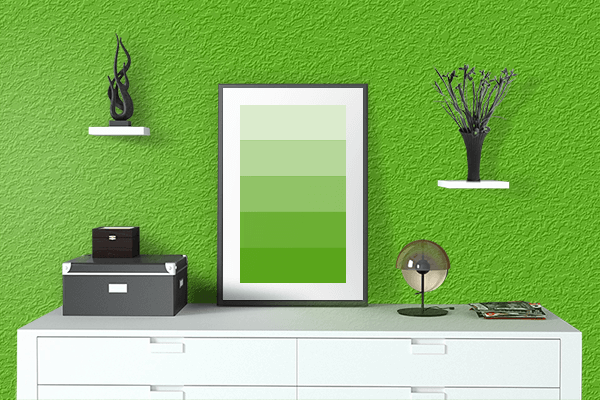 Pretty Photo frame on Bright Apple Green color drawing room interior textured wall