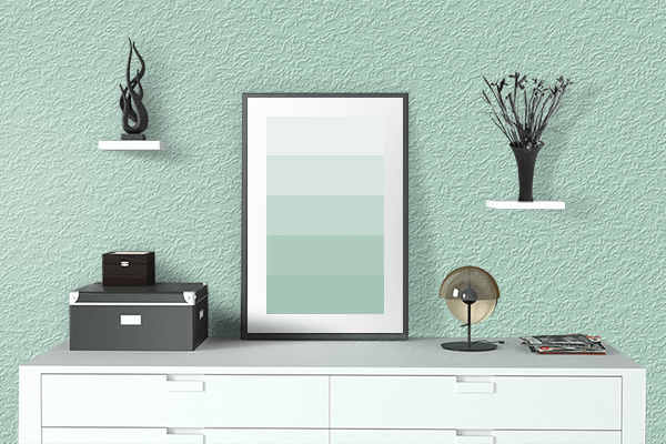 Pretty Photo frame on Mint Choco Chip color drawing room interior textured wall