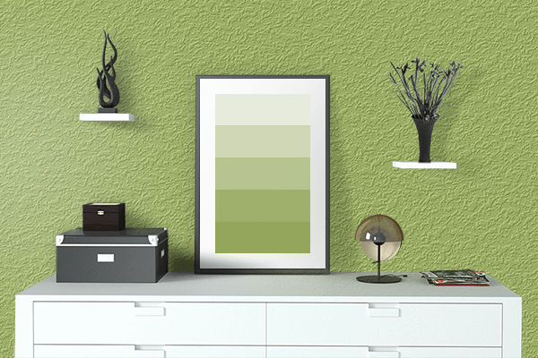 Pretty Photo frame on Bok Choy Green color drawing room interior textured wall