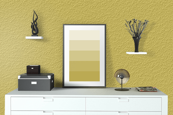 Pretty Photo frame on Greenish Yellow color drawing room interior textured wall
