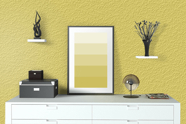 Pretty Photo frame on Paradise Yellow color drawing room interior textured wall