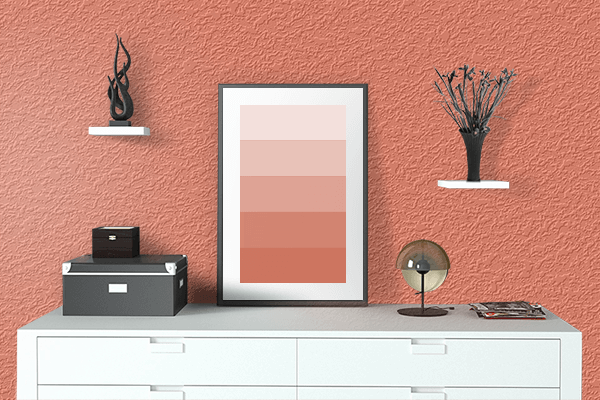 Pretty Photo frame on Salmon Orange color drawing room interior textured wall