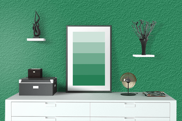 Pretty Photo frame on Emerald Fall color drawing room interior textured wall