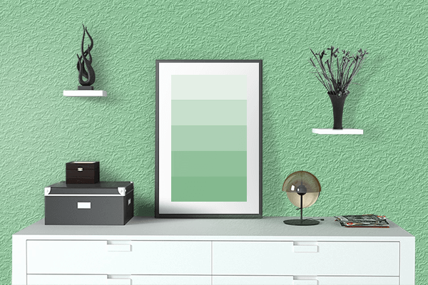 Pretty Photo frame on Mother-of-pearl Green color drawing room interior textured wall