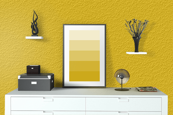 Pretty Photo frame on Contrasting Yellow color drawing room interior textured wall