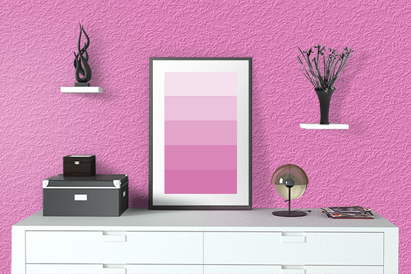 Pretty Photo frame on Brilliant Pink color drawing room interior textured wall