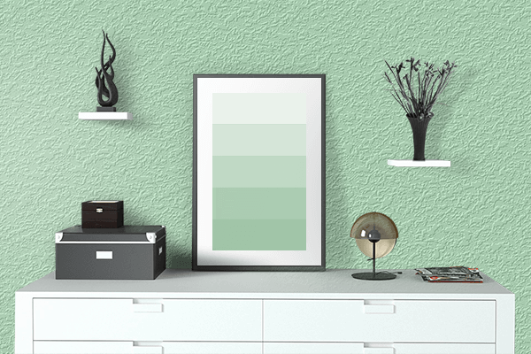 Pretty Photo frame on Subtle Green color drawing room interior textured wall