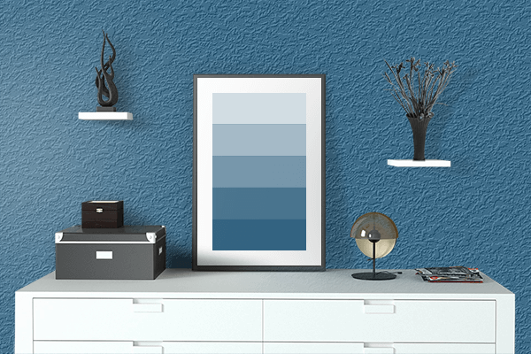 Pretty Photo frame on Copenhagen Blue color drawing room interior textured wall