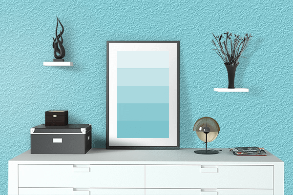 Pretty Photo frame on Paradise Blue color drawing room interior textured wall